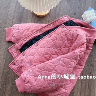 冬款 女童兔子刺绣棉服夹棉棒球服中大童保暖柔软拉链外套棉服韩版