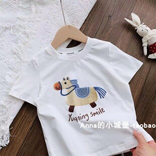 26夏季女童3D仿刺绣小马上衣儿童棉质白色短袖T恤圆领打底衫韩版
