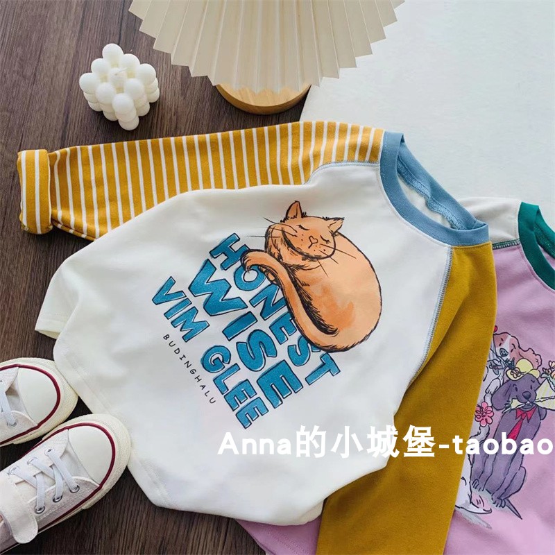 秋季女童长袖T恤儿童猫咪插肩袖