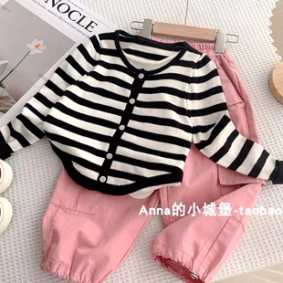 秋款女童假两件黑白条纹针织开衫女宝宝圆领毛衣套头衫韩版洋气