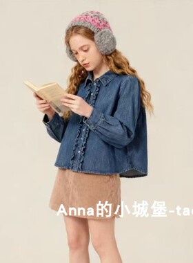 外贸童装女童春季纯棉休闲牛仔衬衫外套大童长袖花边衬衣亲子装