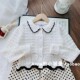上衣 儿童甜美复古毛衣镂空针织开衫 外贸童装 女童柔软花边翻领开衫