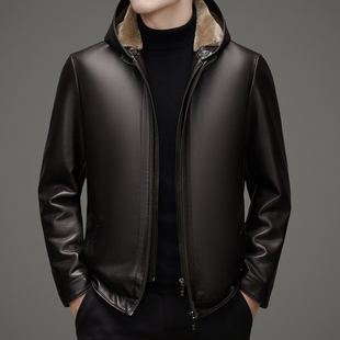 2025新款可脱连帽皮衣男士加绒加厚皮毛一体皮夹克爸爸装保暖外套