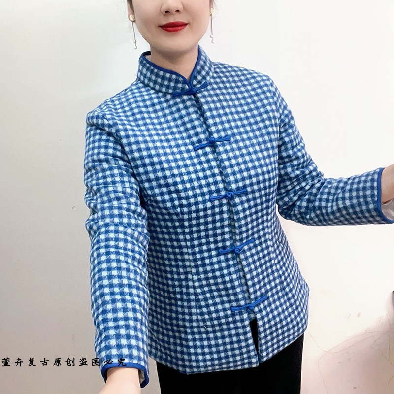 萱卉原创中式传统立领盘扣格纹棉服女长袖妈妈装小棉袄气质唐装