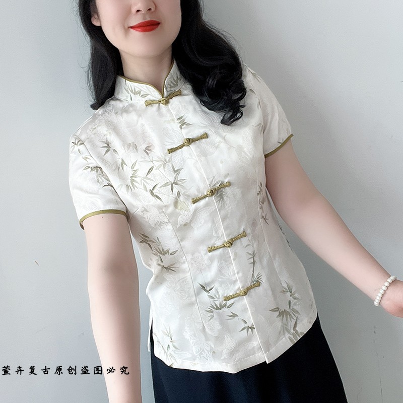 萱卉原创女装国潮夏季新款复古盘扣民国风茶艺服装女立领唐装上衣
