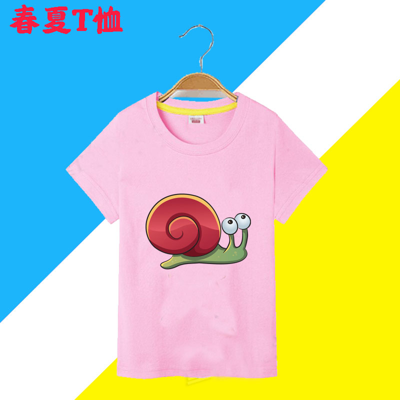 蜗牛夏季新款男女中小儿童短袖t恤纯棉圆领卡通宽松休闲上衣班服
