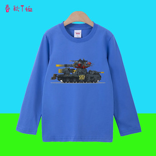 纯棉蓝色长袖t恤2025新款春夏季童装中大童上衣卡通大坦克图案9岁