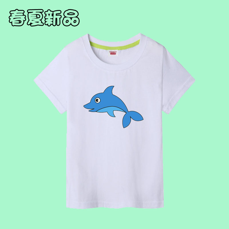 夏天纯棉短袖亲子款儿童装男女T恤学生班服卡通海豚动物半袖上衣5