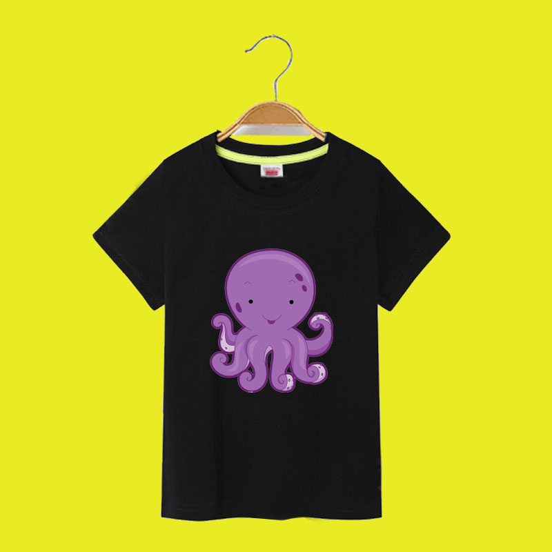 纯棉海洋生物海底世界章鱼八爪鱼鱿鱼黑色短袖T恤成人衣服儿童装