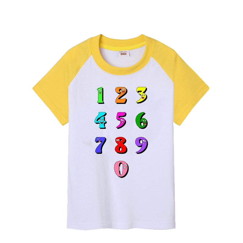 插肩黄纯棉学生数学节阿拉伯数字元素123456789短袖T恤衣服儿童装