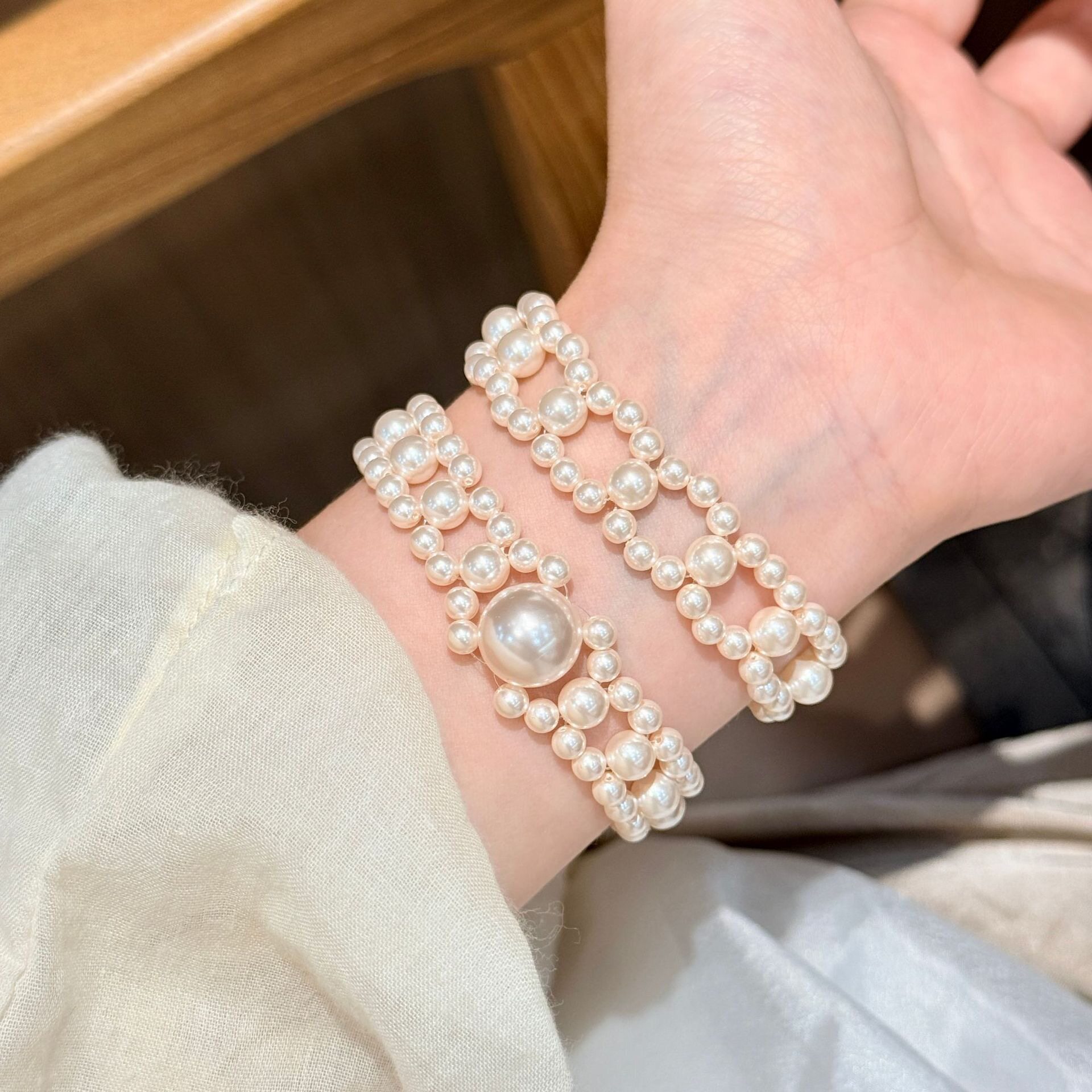 s925纯银暖白施家珍珠编织多层手链女优雅百搭轻奢晚宴高级感手饰