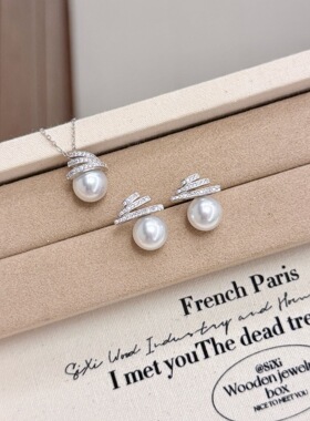 2026新款s925银针施家珍珠满钻线条耳钉项链女小众设计感百搭耳饰