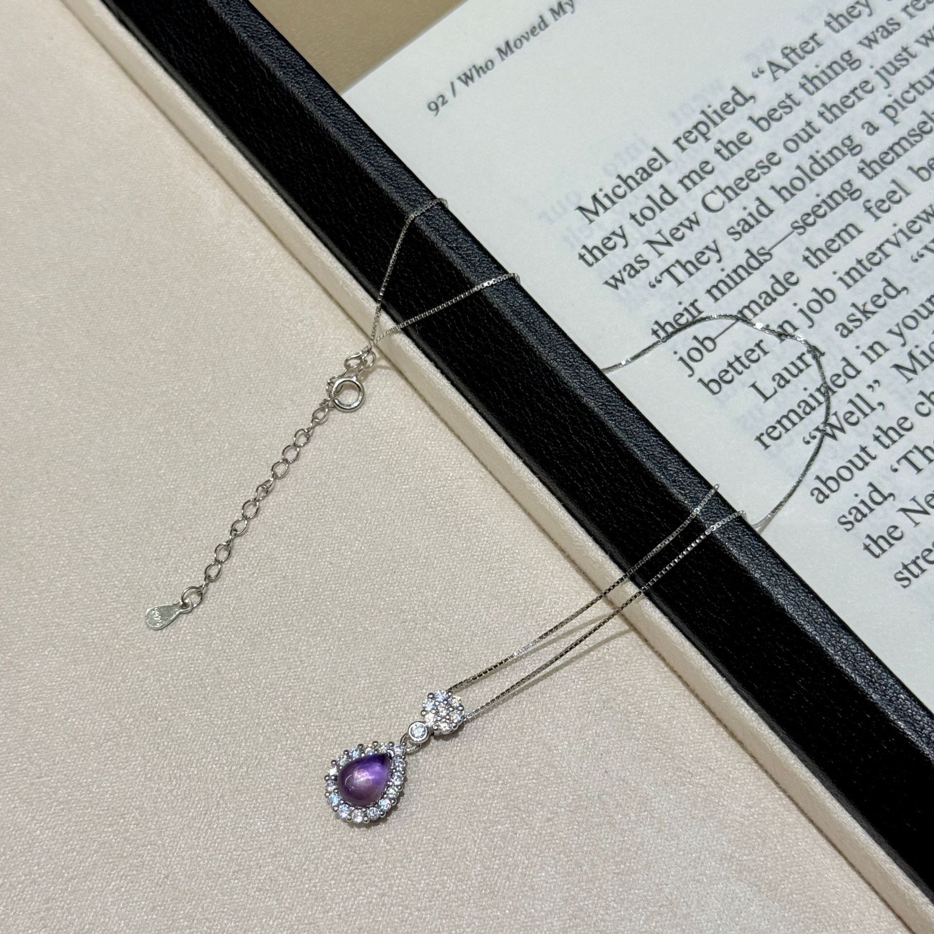 2026新款s925纯银天然紫水晶吊坠满钻水滴项链女轻奢风简约锁骨链