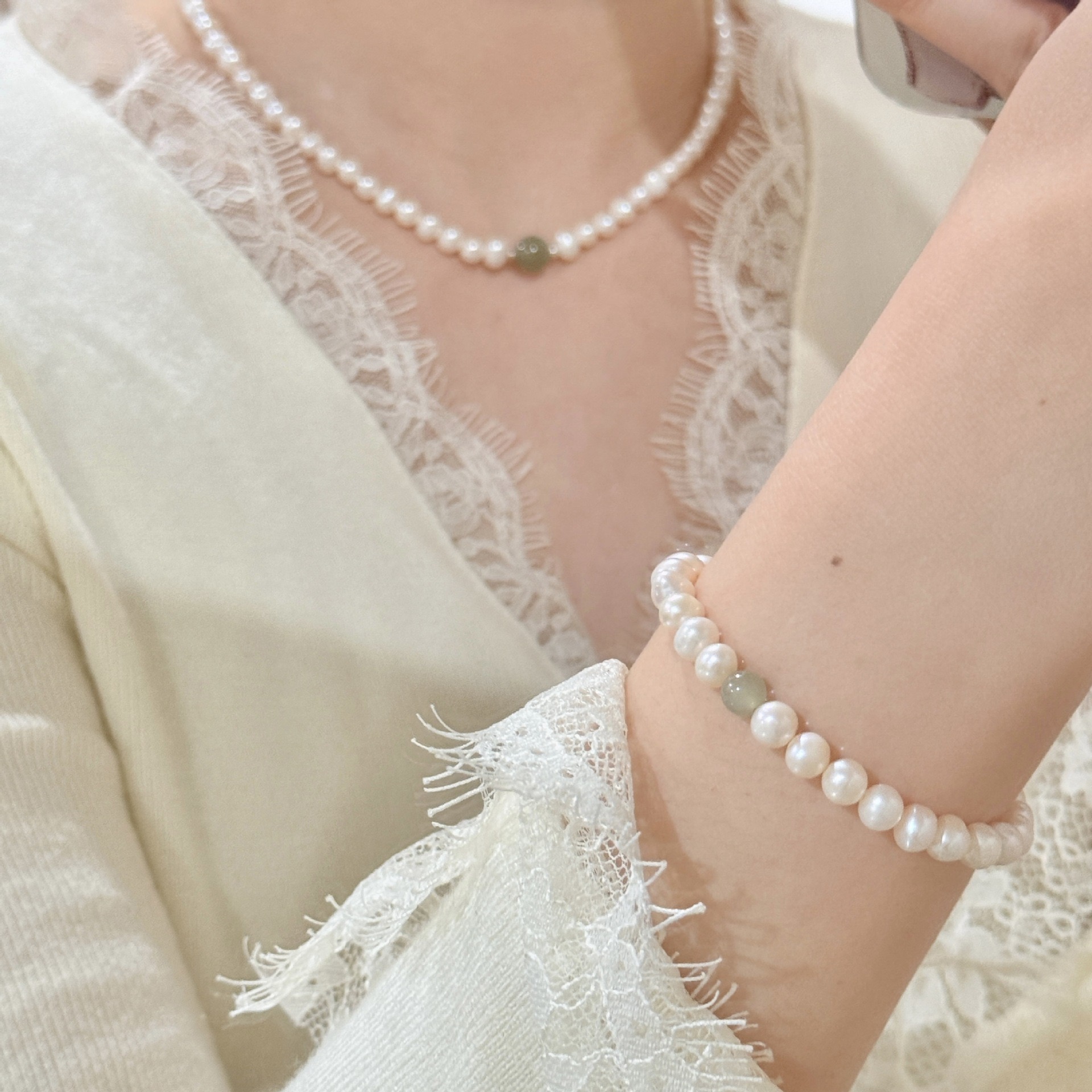 s925银天然淡水珍珠项链女高级感百搭天然和田玉套装温柔风