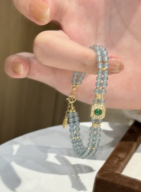 25新款925银天然蓝水翡翠隔片宝盒双层手链女轻奢显白高级手串