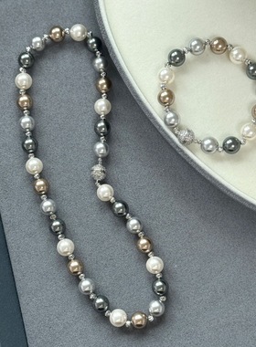 满钻强力磁铁扣施家珍珠混彩满天星项链女轻奢高级感串珠女