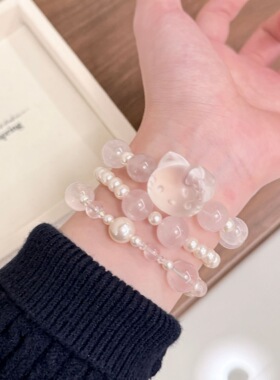 2026新款施家珍珠拼天然粉晶kt猫手链女个性温柔小众仙女百搭手串