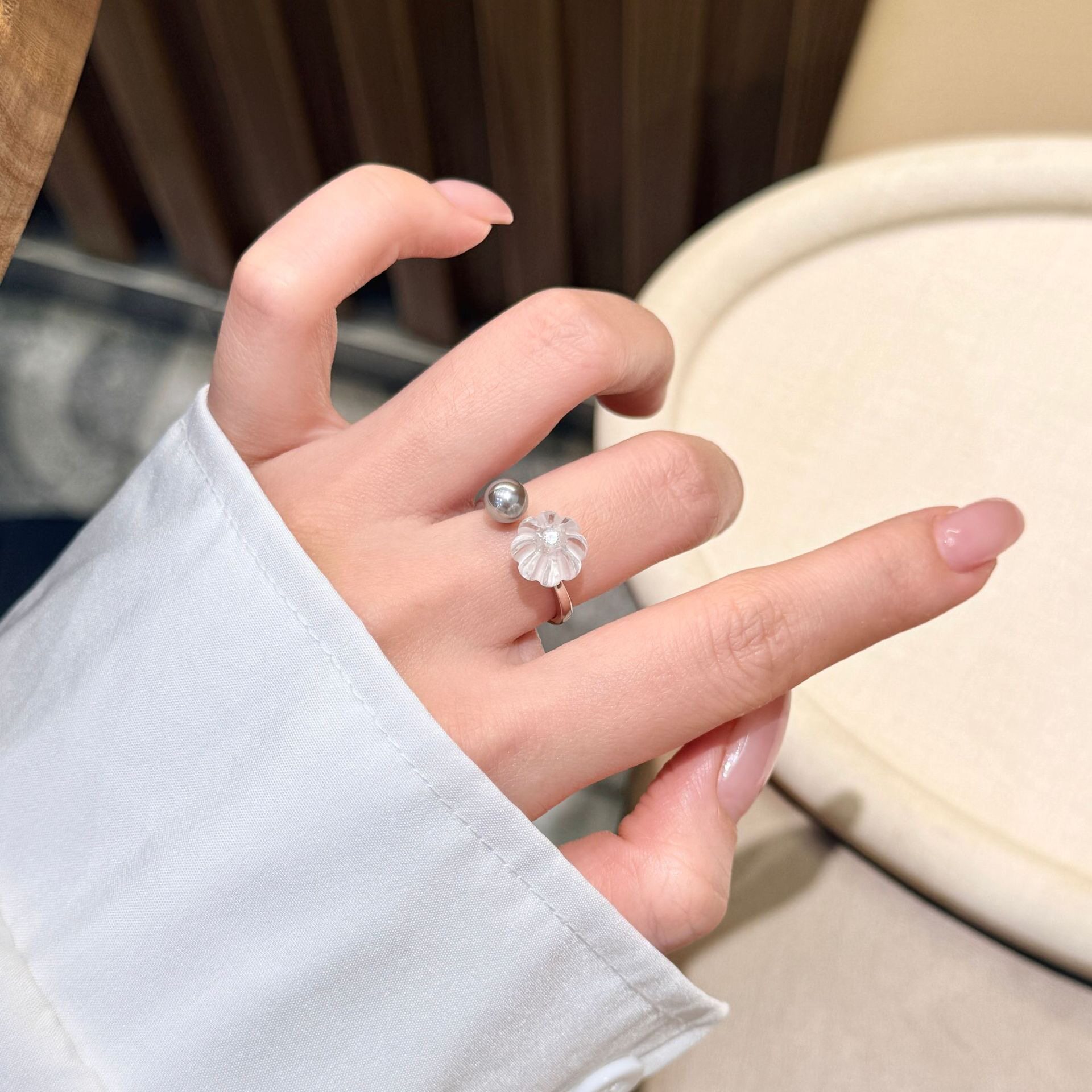 s925纯银天然白水晶南瓜球戒指女简约百搭个性高级感小众设计指环