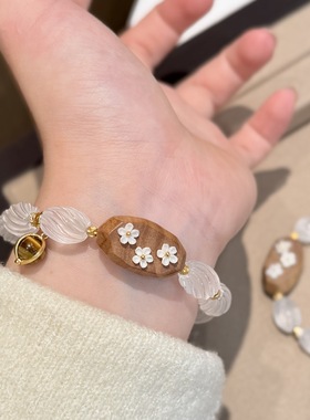 25新款925银天然白水晶猛犸傲梅虎眼石吊坠老山檀木手串女高级