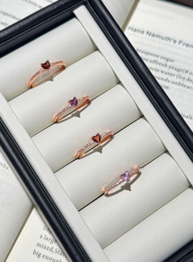 2026新款纤细闪钻天然紫水晶爱心石榴石戒指女简约叠戴百搭指环