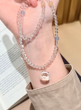 s925纯银天然白水晶小熊吊坠串珠项链女可爱风ins小众百搭锁骨链