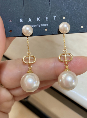 韩国东大门代购CD字母高级感气质珍珠耳坠长款耳环S925纯银针耳钉