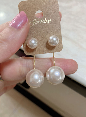 韩国东大门进口气质大小珍珠前后耳堵纯银针耳钉珍珠短款耳坠耳环