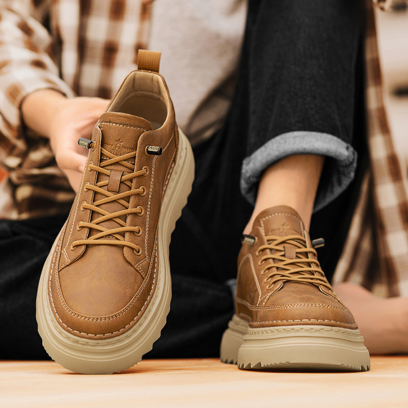 男鞋秋冬季加绒马丁靴男款一脚蹬中帮工装短靴美式内增高皮鞋靴子