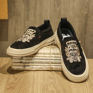 欧洲站男鞋夏季透气一脚蹬白底黑面休闲鞋子男板鞋轻奢乐福豆豆鞋