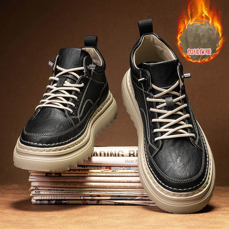 中帮男鞋秋冬款休闲高帮皮鞋马丁靴免系鞋带棉鞋男款冬季加绒保暖