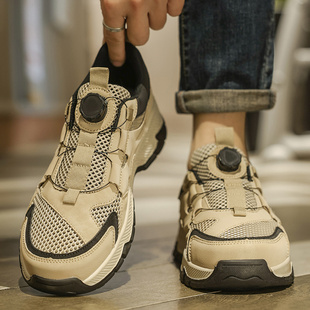 旋钮男鞋夏季大网孔网面透气薄款免系带单网运动休闲鞋男士登山鞋