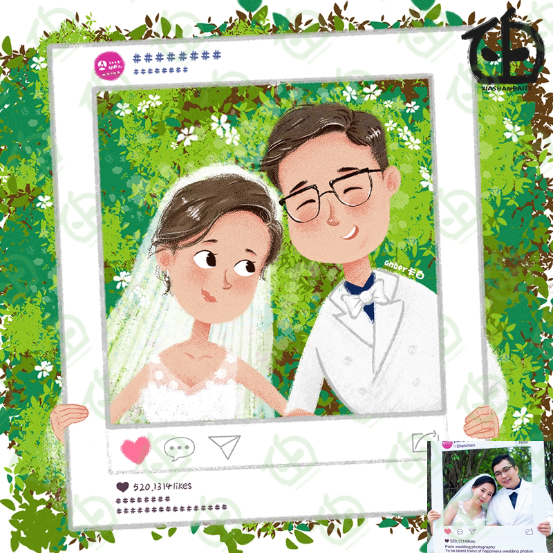 q版手绘结婚照情侣全家福人物形象漫画照片卡通画真人版定制猫狗