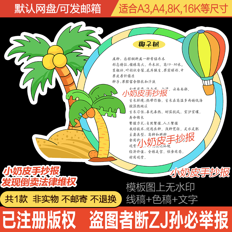 椰子树牌知识卡趣味卡片记录卡手抄报自然笔记小报模板电子版黑线