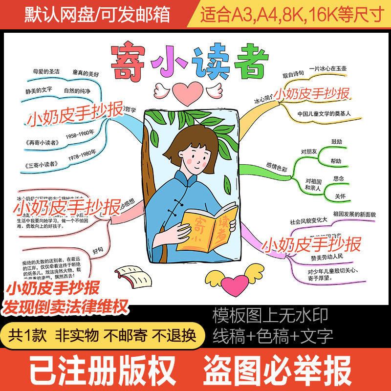 冰心寄小读者思维导图手抄报模板电子版阅读小报轮廓图黑白线稿