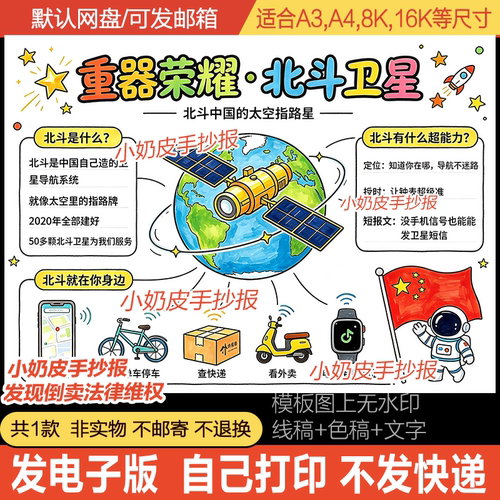 中国北斗卫星手抄报国之重器荣耀科普小报模板电子版半成品黑线稿