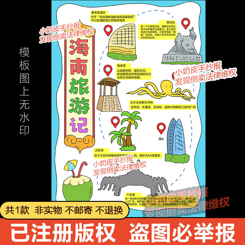 竖版海南旅游记旅行记手抄报模版电子版暑假研学之旅小报黑线稿