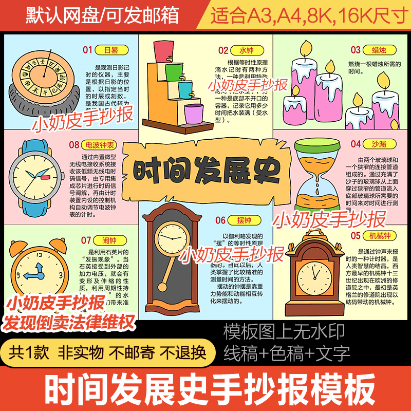 时间发展史手抄报半成品小报电子版黑白线稿涂色填色轮廓图素材