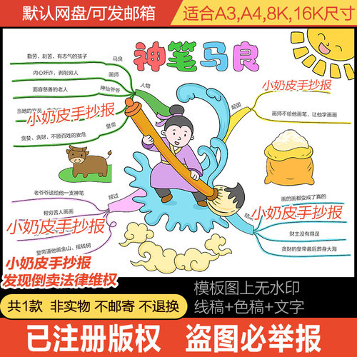中国童话故事神笔马良思维导图模板电子版好书推荐黑白线稿涂色填