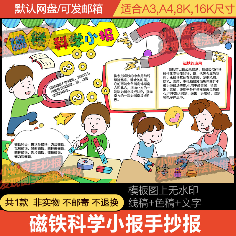 数学磁铁科学小报手磁铁的世界手抄报模板电子版填色涂色轮廓图