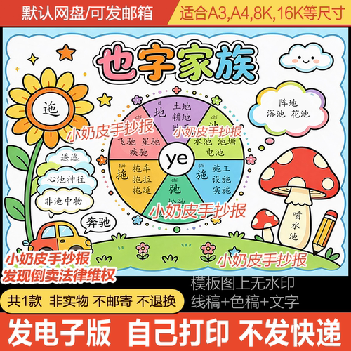 也字家族手抄报绘画主题画语文识字小报特色作业黑白线稿半成品