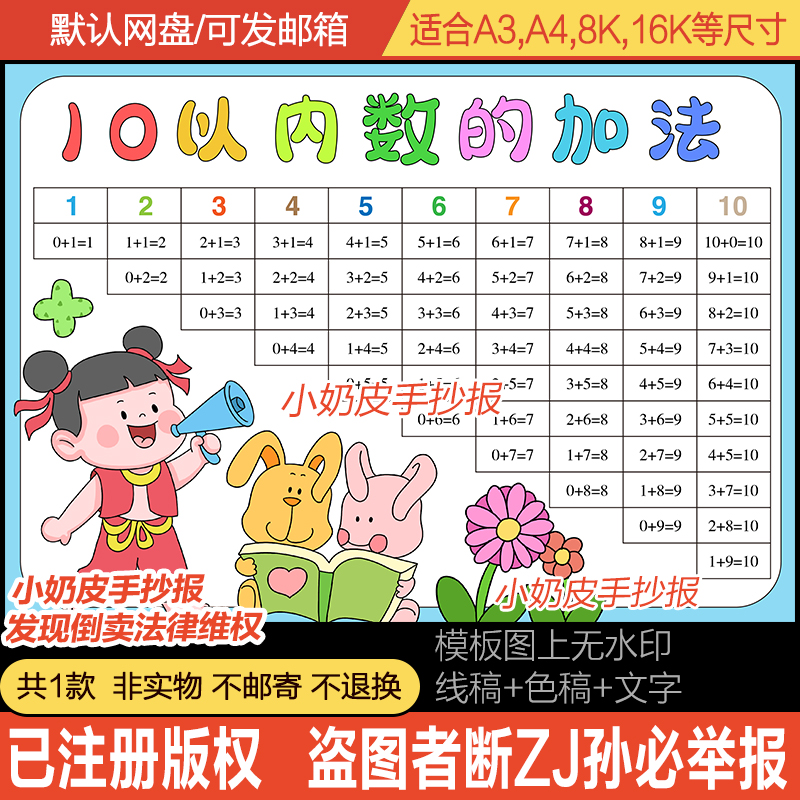10以内数的加法手抄报模板电子版数学小报黑白线稿半成品