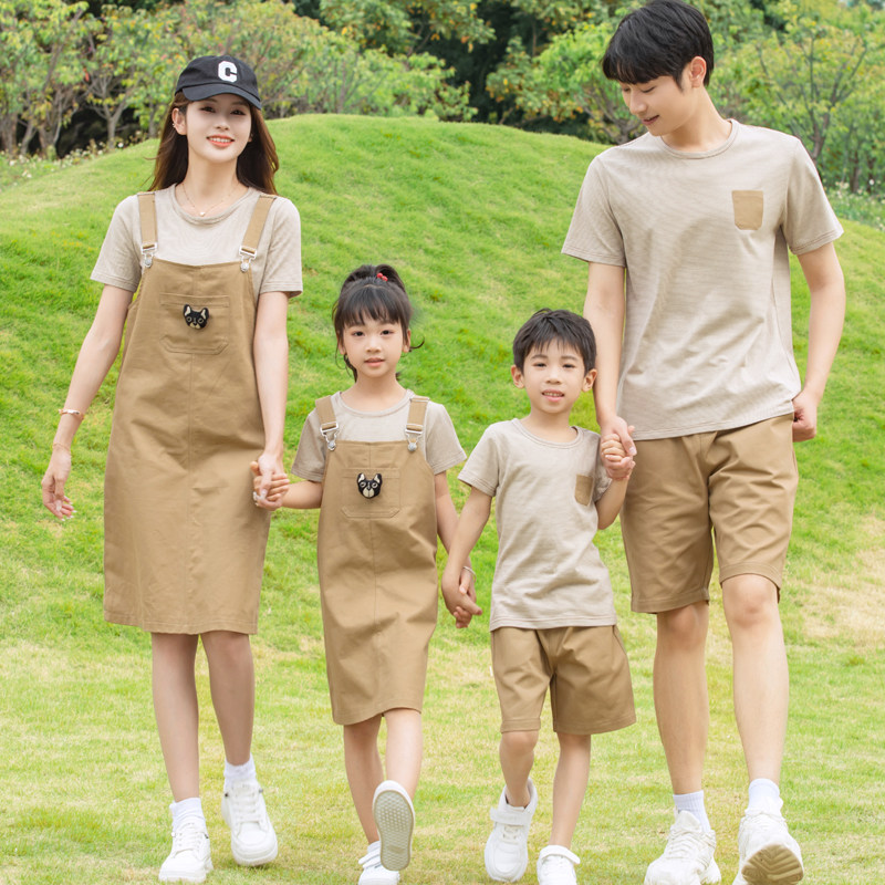 亲子装夏装条纹短袖t恤潮一家四口全家套装母女背带裙活动园服春