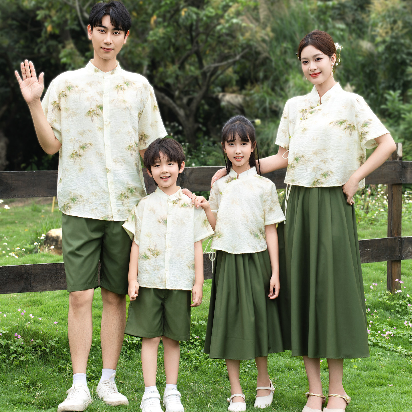 亲子装夏装2026新款三亚沙滩风中式衬衫一家三四口家庭套装母女裙