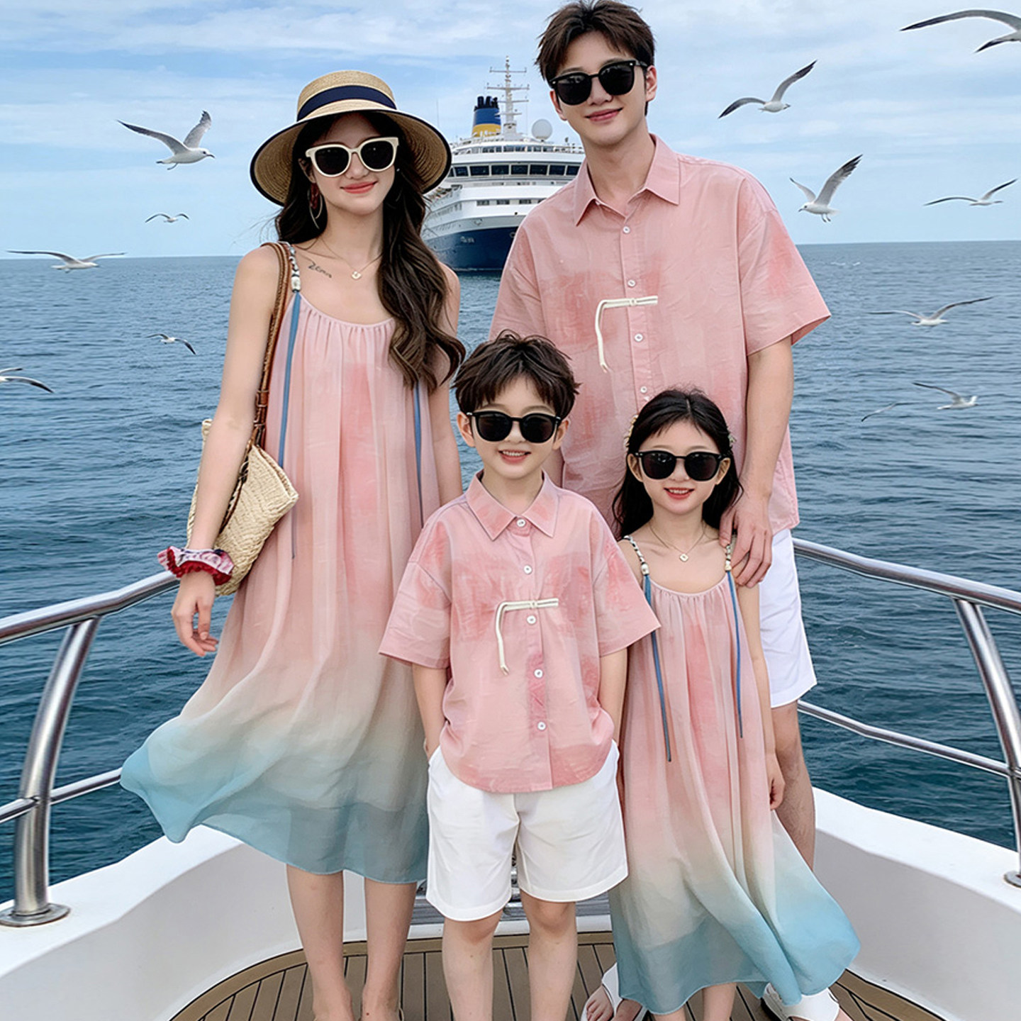 亲子装夏季海边度假风短袖衬衫一家三四口家庭套装母女吊带连衣裙
