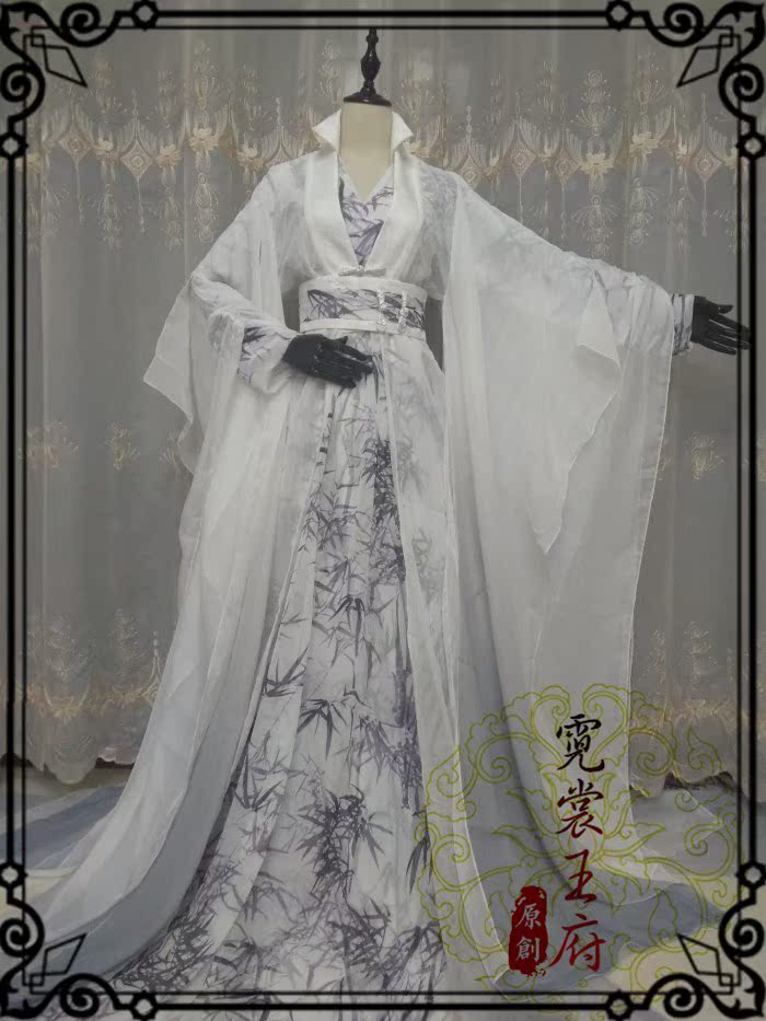 霓裳王府 雅风 白灰渐变cos古装 男 墨竹 琴师 白子画