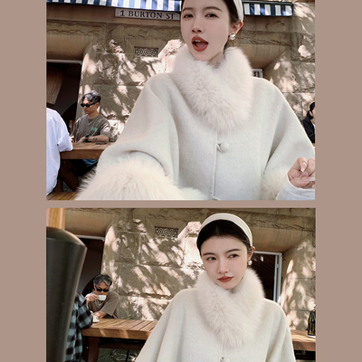 渔小平 京洛佳人 全羊毛双面呢狐狸毛斗篷大衣女2025秋冬毛呢外套
