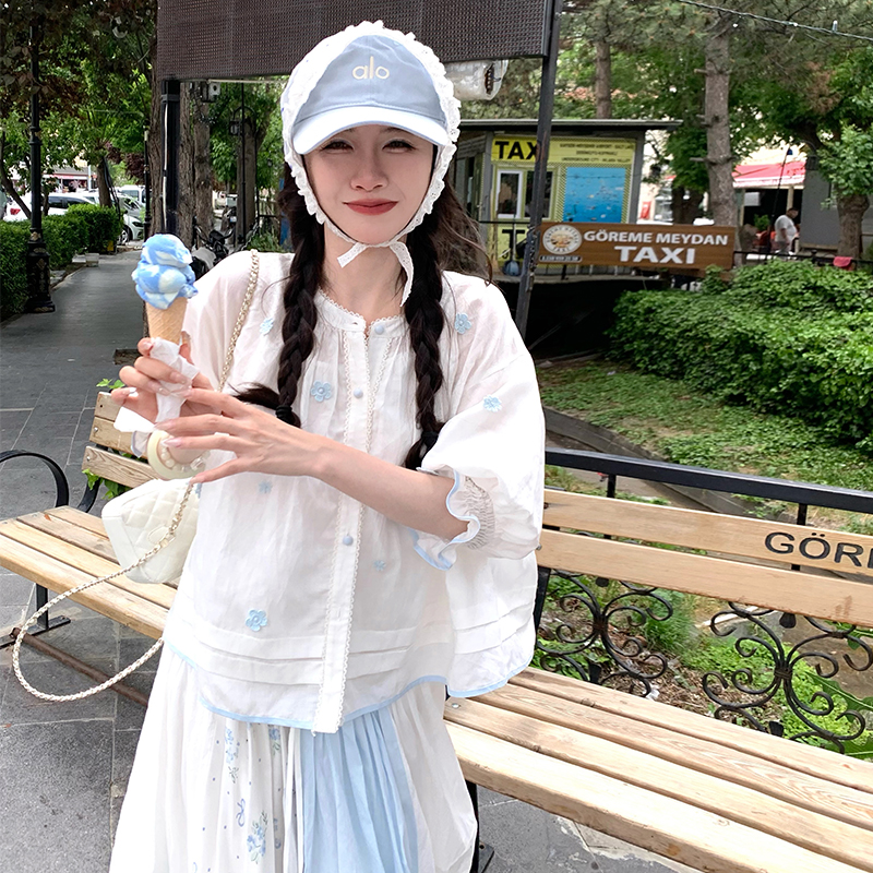 渔小平 海盐奶油塔 天丝苎麻手工钉花俏皮活泼初恋清纯奶甜套装裙