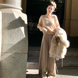 渔小平 舒服条纹裤 针织抽绳垂感长裤宽松松紧裤直筒显瘦阔腿裤子