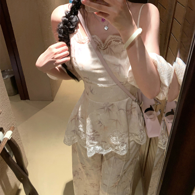 渔小平 浮生昭昭 缎面印花蕾丝刺绣优雅女神范时尚套装女气质减龄