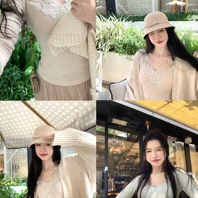 渔小平 心动crush 蕾丝拼接纯欲甜美针织衫女百搭长袖打底上衣